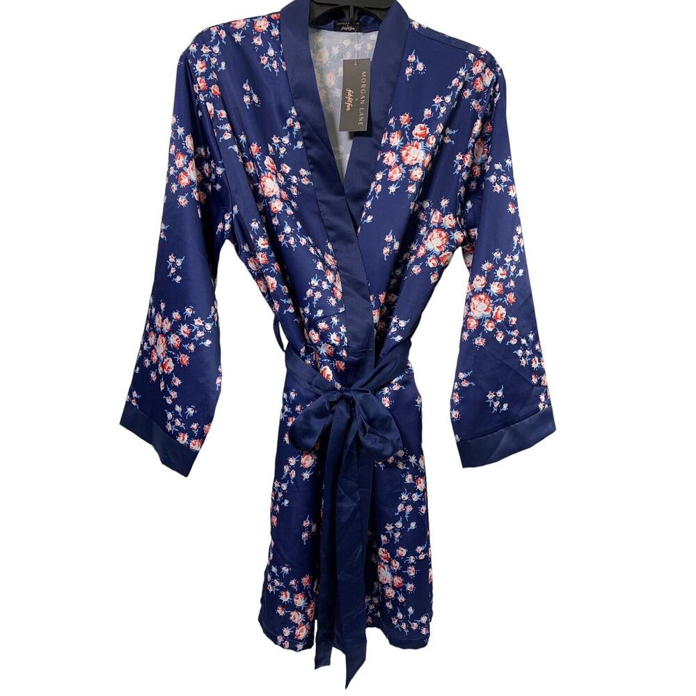 Morgan Lane Wrap Kimono Robe‎ Womens M Blue Pink Floral Satin Sleepwear NWT